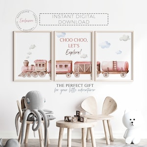 Train Nursery Prints | Watercolour Train Boy Room Wall Art | Train Bedroom Decor | Transport Vehicles | Toddler Boy Gift | Digital Download