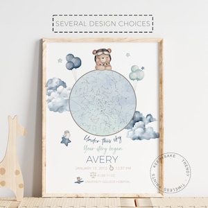 Mapa estelar de oso de peluche, regalo para bebé niño, regalo personalizado para recién nacido, lienzo "Noche de tu nacimiento", impresión de cielo para guardería, decoración de globos para guardería