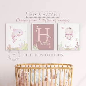 Láminas de animales marinos para guardería de niñas / Arte mural bajo el mar / Pósteres personalizados de animales del océano / Decoración oceánica para guardería de niñas / Regalo para niña
