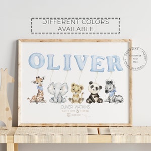 Globo de safari de animales, impresión personalizada con nombre de nacimiento, letrero de nacimiento para guardería, impresión de estadísticas de nacimiento de bebé niño, regalo para bebé recién nacido, regalo de bautizo