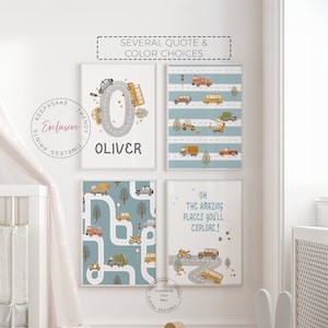 Personalisierte Transport Kinderzimmer Drucke, 4er-Set | Kleinkind Jungen Zimmer Lastwagen Dekor | Autos Straßenkarte druckbare Wandkunst | Transportfahrzeug Poster