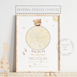 Sternenkarte New Baby-Geschenk | Neues Baby personalisiertes Geschenk | Night You Were Born Leinwand | Personalisiertes Poster fürs Kinderzimmer Teddy Bär Kinderzimmer Dekor