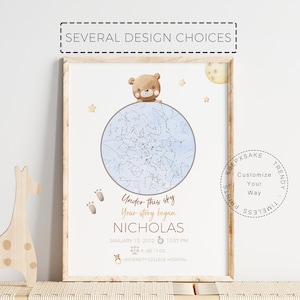 Mapa estelar de oso de peluche, regalo para bebé recién nacido, regalo personalizado para bebé, lienzo "Noche en que naciste", impresión de cielo para guardería de recién nacido, decoración de guardería de oso de peluche