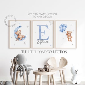 Set di 3 stampe con orsetto / stampe personalizzate con nome / decorazioni per cameretta con orsetto / stampe per neonato / poster azzurro per cameretta / decorazioni con palloncini per cameretta