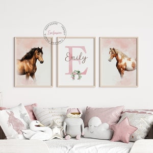Pferd Kinderzimmer Wandkunst |Pferd Drucke, personalisiert |Mädchen Schlafzimmer Drucke |Wildleder Poster, 3er-Set |Druckbare Wandkunst |Pferde Schlafzimmer