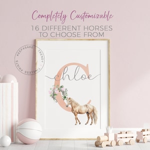 Impresión de nombre personalizado de caballo / Carta de caballo floral Arte de pared imprimible inicial / Decoración de la habitación de las niñas / Poste de nacimiento / Descarga digital