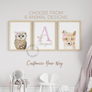 Safari Woodland Nursery Decor | Baby Girls Nursery Prints | Baby Animal Nursery | Pink Flowers Floral Nursery Prints |Woodland Nursery Decor