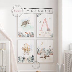 Under the Sea Nursery Prints | Sea Life Nursery Prints Set of 4 | Girl Nursery Print | Ocean Animal Kids Room Wall Art | Whale Octopus Print