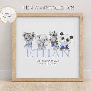 Safari Animals Personalized Baby Boy Nursery Print | Birth Details Custom Print | New Baby Personalised Boy Gift Wall Art | Animals Print