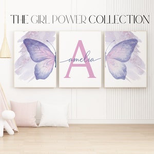 Butterfly Word Art Ensemble de 3 estampes | Aquarelle Ailes de papillon Art imprimable | Impression de nom personnalisée | Art mural pour chambre de filles rose violet