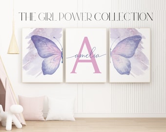 Conjunto de 3 impressões de arte com palavras de borboleta | Arte para impressão com asas de borboleta em aquarela | Impressão de nome personalizada | Arte de parede para quarto de meninas em roxo e rosa