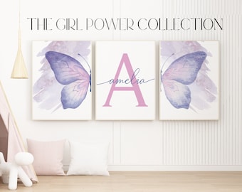 Butterfly Word Art Ensemble de 3 estampes | Aquarelle Ailes de papillon Art imprimable | Impression de nom personnalisée | Art mural pour chambre de filles rose violet