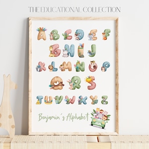 Impresión del alfabeto de animales / Arte de pared con el alfabeto de animales de safari / Decoración de sala de juegos / Impresión para dormitorio infantil / Póster del alfabeto personalizado / Decoración neutra para habitación infantil