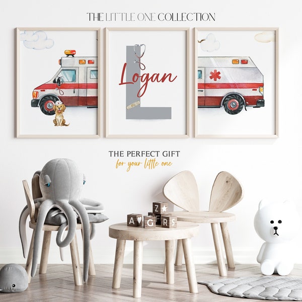 Rescue Vehicle Prints | Emergency Vehicle Prints | Personalized Toddler Room Decor | Transportation Nursery | Ambulance Posters Set of 3