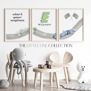 Race Car Wall Art Set of 3 | Race Car Boy Room Decor | Race Car Nursery | Boys Bedroom Decor |Personalized Name Nursery Print |Race Car Baby