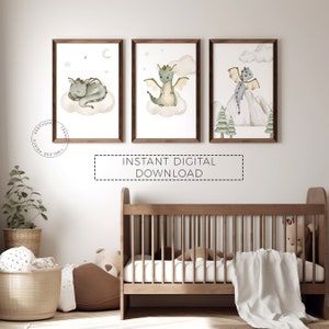 Baby Dragon Nursery Prints | Boy Nursery Wall Art, Set of 3 | Fantasy Nursery Decor | Baby Boy Mythical Creatures Nursery | Digital Download