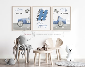 May include: Three blue and white watercolor prints featuring a vintage race car, the letter H, and the words "Little Racer" and "Big Dreams". The middle print also includes the name "Harry".