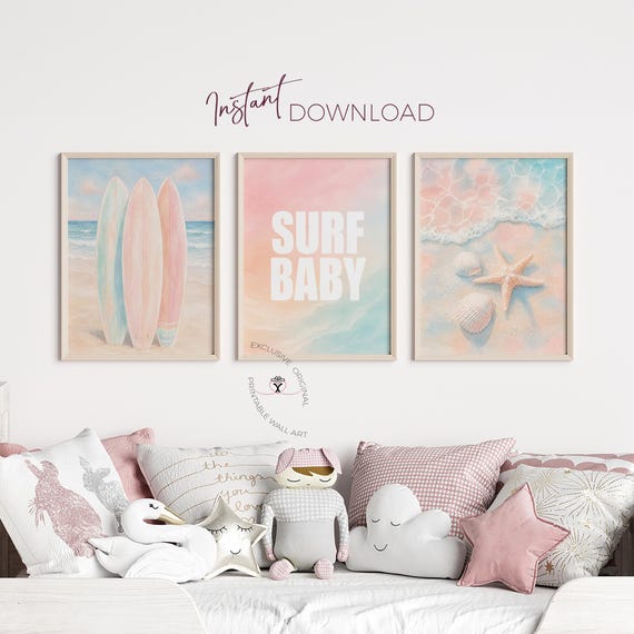 Surf Baby Wall Art Set of 3, Coastal Nursery Prints, Teen Girl Beach Room Decor, Pastel Surfboard Printable, Ocean Bedroom Art