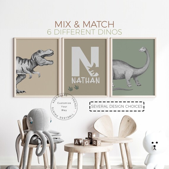 Dinosaur Prints, Set of 3 |Boys Bedroom Dinosaur Wall Art, Personalized |Green Tones Wall Art| Dinosaur Decor Printables |Toddler Room Decor