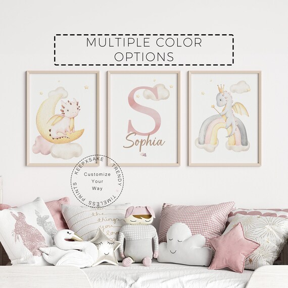 Pink Baby Dragon Nursery Prints, Personalized | Dragon Princess Nursery Prints |Fairytale Dragons Nursery Wall Art | Girl Room Printable Art