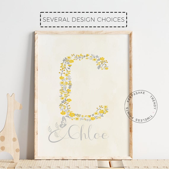 Yellow Floral Initial Name Print | New Baby Girl Gift | Boho Flower Butterfly Girl Print | Yellow Nursery Decor |Yellow Floral Nursery Print