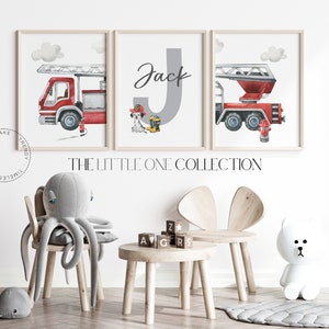 Rescue Vehicle Fire Truck Set of 3 Prints Boys Vehicle Personalized Prints Watercolor Fire Truck Nursery Decor Boys Bedroom Wall Art image 3