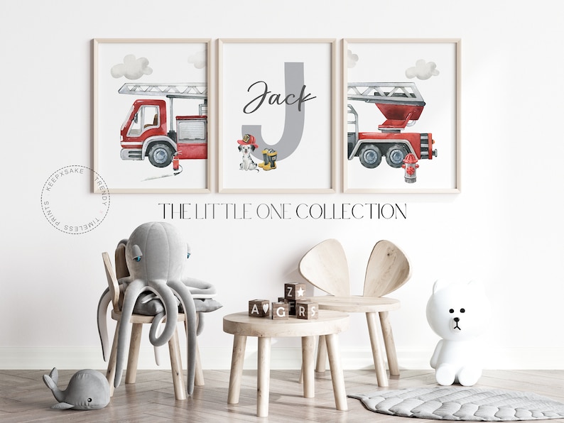 Rescue Vehicle Fire Truck Set of 3 Prints Boys Vehicle Personalized Prints Watercolor Fire Truck Nursery Decor Boys Bedroom Wall Art image 3