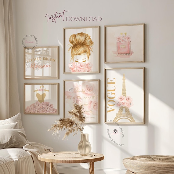 Teen Girl Fashion Wall Art Set of 6 – Gold Beige Pink Paris Prints, Chic Bedroom Decor, Instant Download