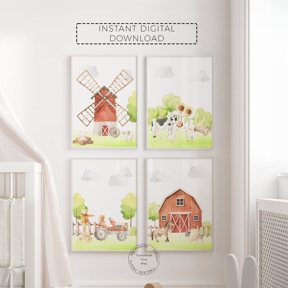 Farm Animal Printable Wall Art | Farm Nursery Prints, Set of 4 | Farm Tractor Prints |Farm Decor | Barn Yard Animal Prints |Digital Download