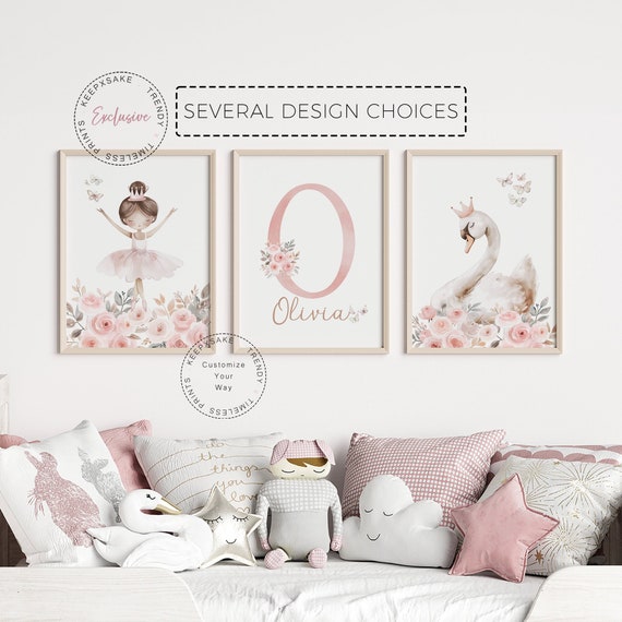 Ballerina Swan Floral Nursery Print | Toddler Girl Ballet Flowers Bedroom Prints | Ballerina Nursery | Custom Ballet Pink Roses Wall Decor