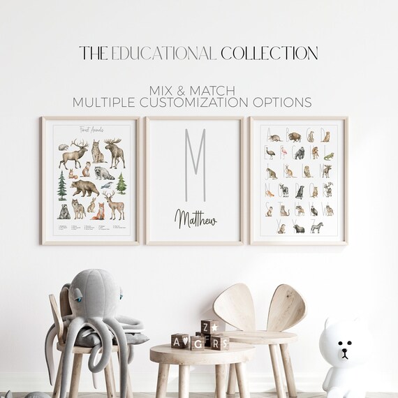 Woodland Animal Alphabet Prints | Educational Posters, Personalized | Neutral Safari Nursery Decor | Kids Animals Posters | Kids ABC Prints