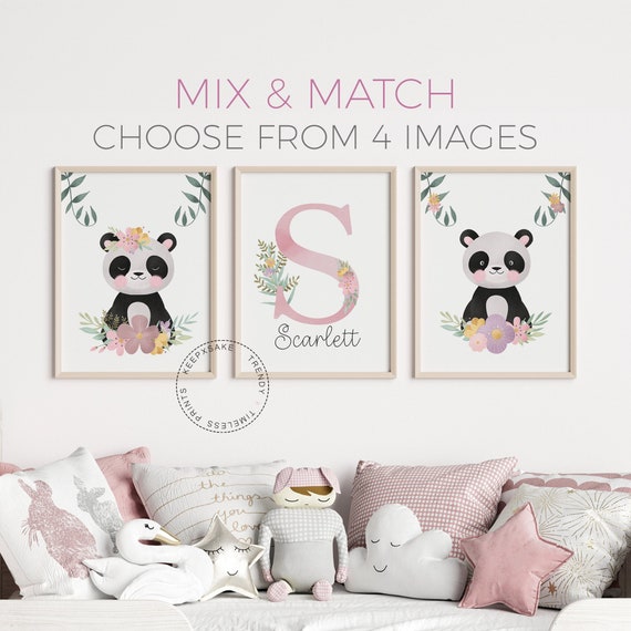 Panda Nursery Prints | Baby Girl Nursery Wall Art | Floral Nursery Decor | Black White Pink Wall Art | Minimalist Nursery Decor |Panda Decor
