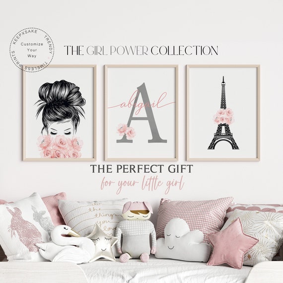 Teenage Girl Fashion Prints | Personalized Girl Bedroom Glam Wall Decor |Eiffel Tower Paris Roses Print |Blush Pink, Grey Girl Bedroom Decor