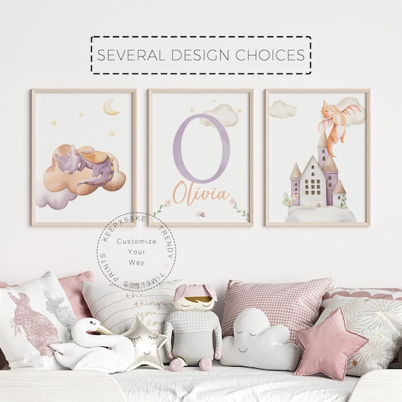 Pink Dragon Nursery Prints, Personalized | Girl Nursery Prints |Girl Room Printable Wall Art | Baby Dragons Prints |Mythical Creatures Decor