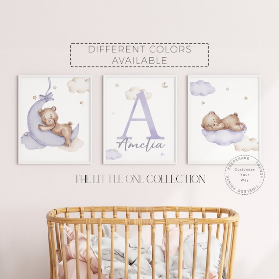 Set of 3 Teddy Bear Print |Personalized Name Print | Bear Nursery Decor | Baby Girl Print | Purple Nursery Poster | Moon Stars Nursery Decor