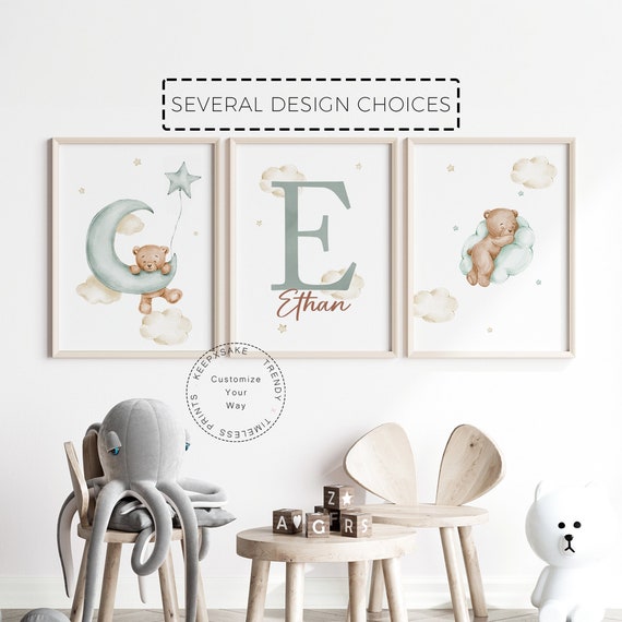 Baby Nursery Teddy Bear Prints | Stars Cloud Moon | Bear Nursery Decor | Beige Green Balloon Nursery Decor | New Baby Gift | Baby Boy Prints
