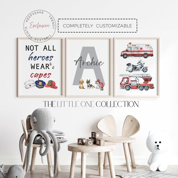 Personalized Rescue Vehicle Prints | Emergency Vehicle Prints Set of 3 | Fire Truck, Ambulance, Police Car Wall Art | Boys Room Quote Prints