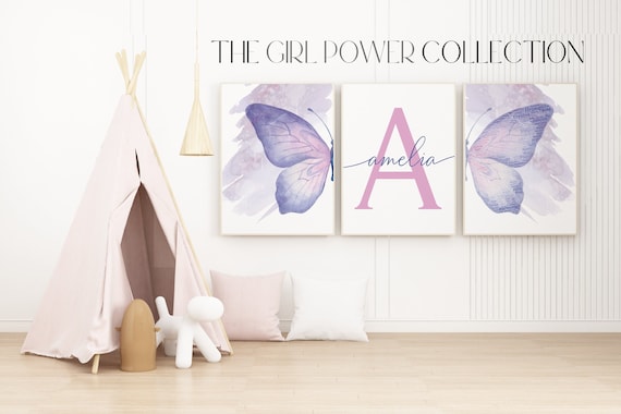 Butterfly Word Art Set of 3 Prints | Watercolor Butterfly Wings Printable Art | Personalized Name Print | Purple Pink Girls Bedroom Wall Art