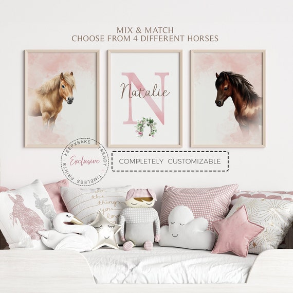 Floral Horse Wall Art | Horse Prints, Personalized | Horse Bedroom Print, Set of 3 | Horse Decor | Horse Nursery Decor | Printable Wall Art