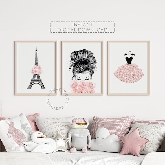 Teenage Girl Fashion Prints | Girl Bedroom Glam Wall Decor | Eiffel Tower Roses Print |Blush Pink, Grey Girl Bedroom Decor |Digital Download