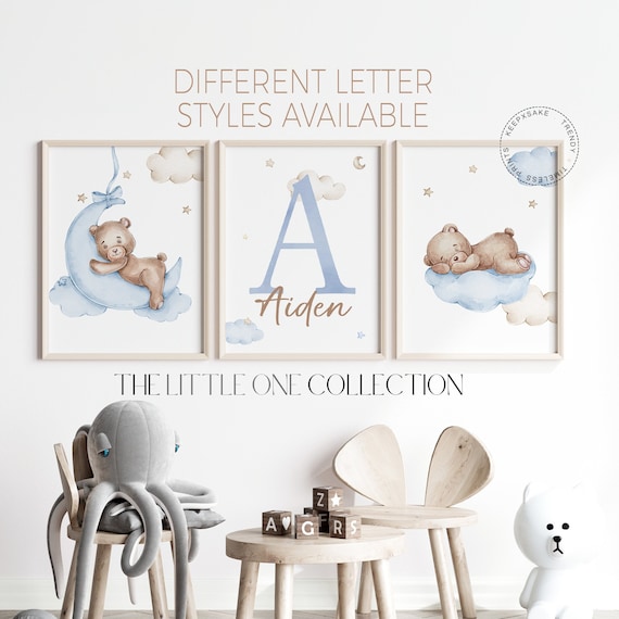 Set of 3 Teddy Bear Print | Personalized Name Print |Bear Nursery Decor |Baby Boy Print |Light Blue Nursery Poster |Moon Stars Nursery Decor