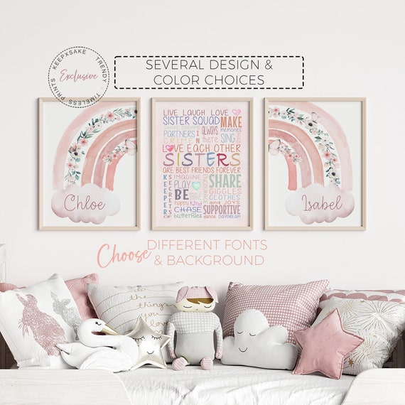 Sisters Room Wall Decor Set of 3 | Rainbow Prints | Siblings Prints |Personalized Print |Shared Room Poster |Sister Quote |Pastel Room Decor