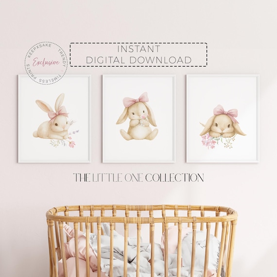 Bunny Wall Art Set, Baby Girl Nursery Prints — Pink Bow Woodland Rabbit Digital Download Decor