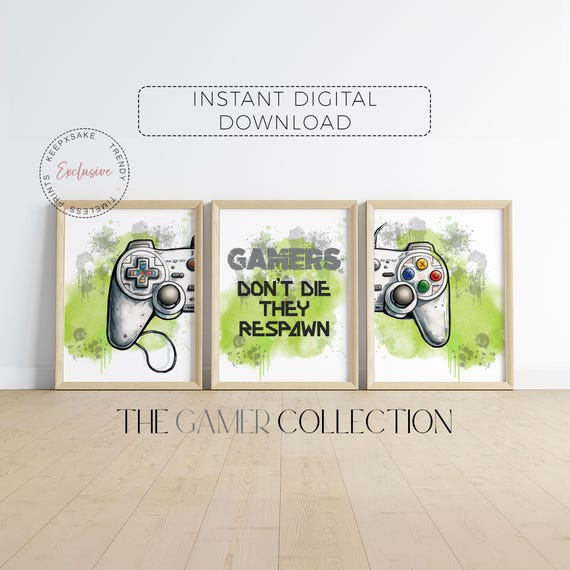Gaming Prints | Lime Green Game Controller Printable Wall Art | Gamer Gift | Games Room | Boys Bedroom Contemporary Gamer Decor, Set of 3