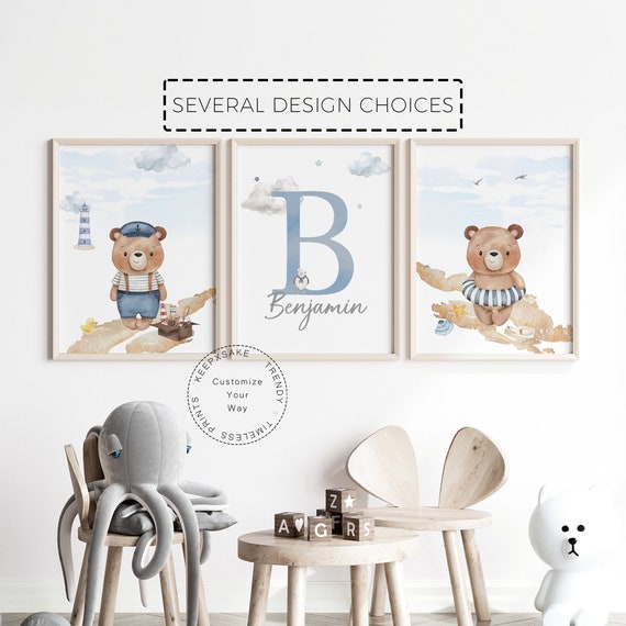 Set of 3 Teddy Bear Print | Nautical Bear Nursery Decor, Persoanlized | Baby Boy Print | New Baby Printable Art | Blue Brown Nursery Poster