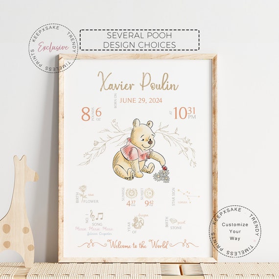 New Baby Gift | Pooh Bear Birth Details Print | New Baby Print Personalized | Christening Gift | Winnie the Pooh Nursery | Birth Stats Print