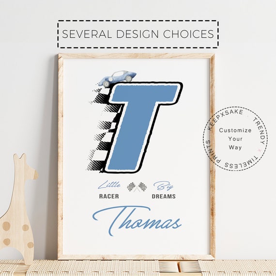 Racing Car Nursery Name Print | Boys Bedroom Personalized Decor |Blue Race Car Initial Name Poster | Watercolour Vintage Blue Race Car Print