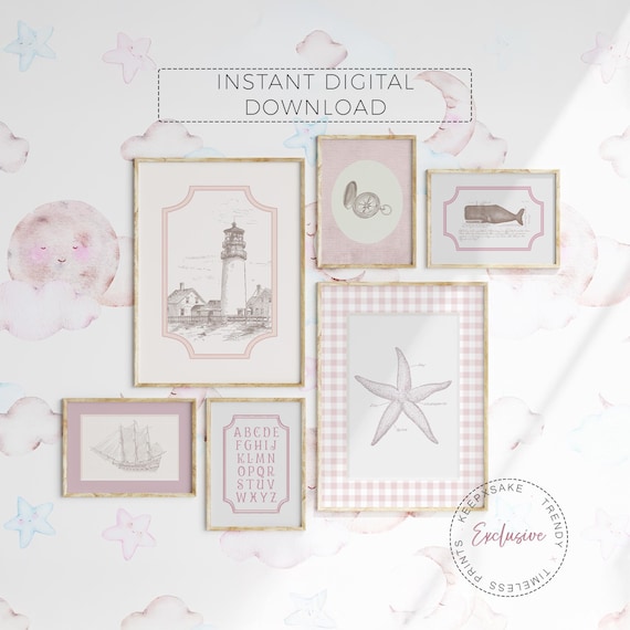 Coastal Nursery Gallery Wall Art Set of 6, Nautical Prints — Blush Pink Lighthouse Beach Decor for Baby Girl Room Digital Download