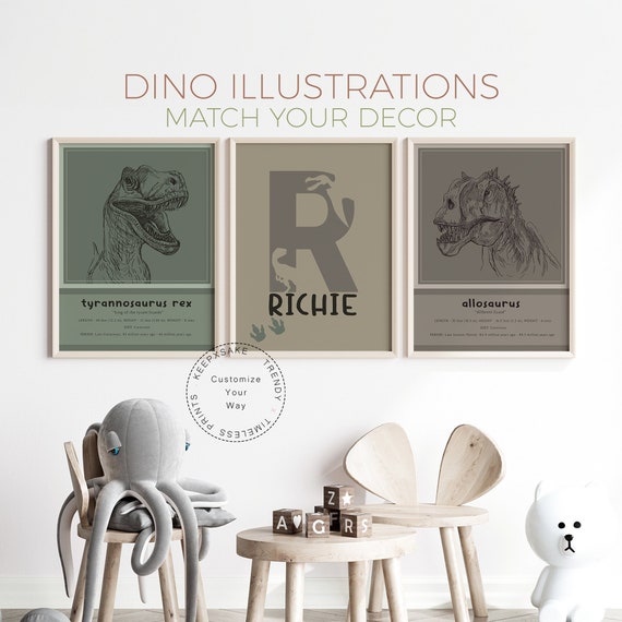Dinosaur Drawing Prints | Set of 3 Personalized Dinosaur Prints for Boys Room |Dinosaur Green Brown Tones Wall Art |Toddler Dino Room Decor
