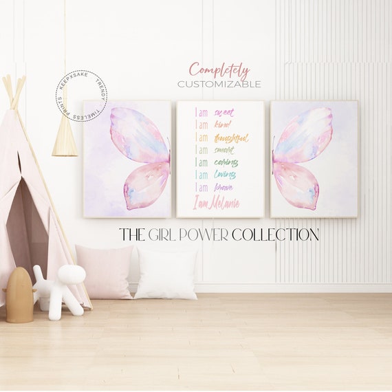 Girls Positive Affirmation Prints Set of 3 | Motivational Rainbow Butterfly Print | Teen Girl Bedroom Butterfly Prints | Pastel Colors Decor